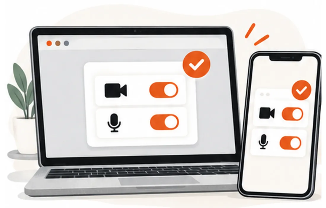 Camera and microphone permission toggles switched on in a laptop browser and on a phone