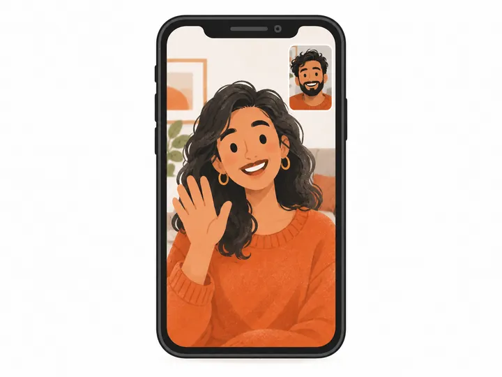 Illustration: a woman smiles and waves hello on a one-on-one ometv chat