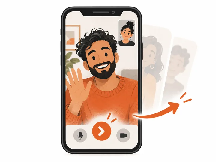 Illustration: a man waves goodbye on a video call while the next match slides in