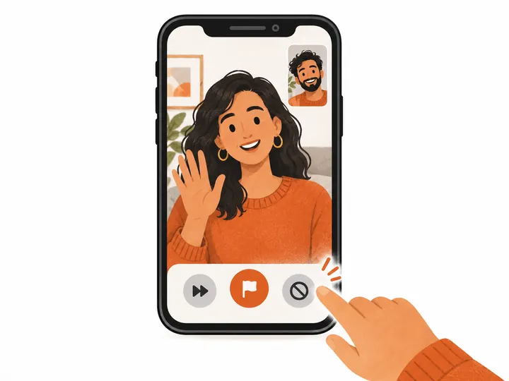 Illustration: skip, report and block buttons under a one-on-one video call