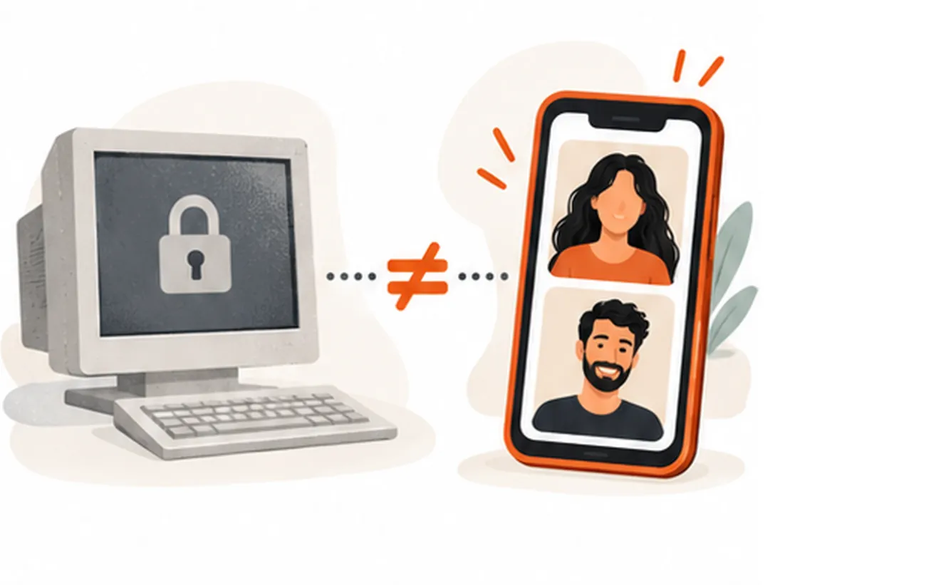 Omegle vs OmeTV: a closed old computer next to a phone running a video call — two separate services